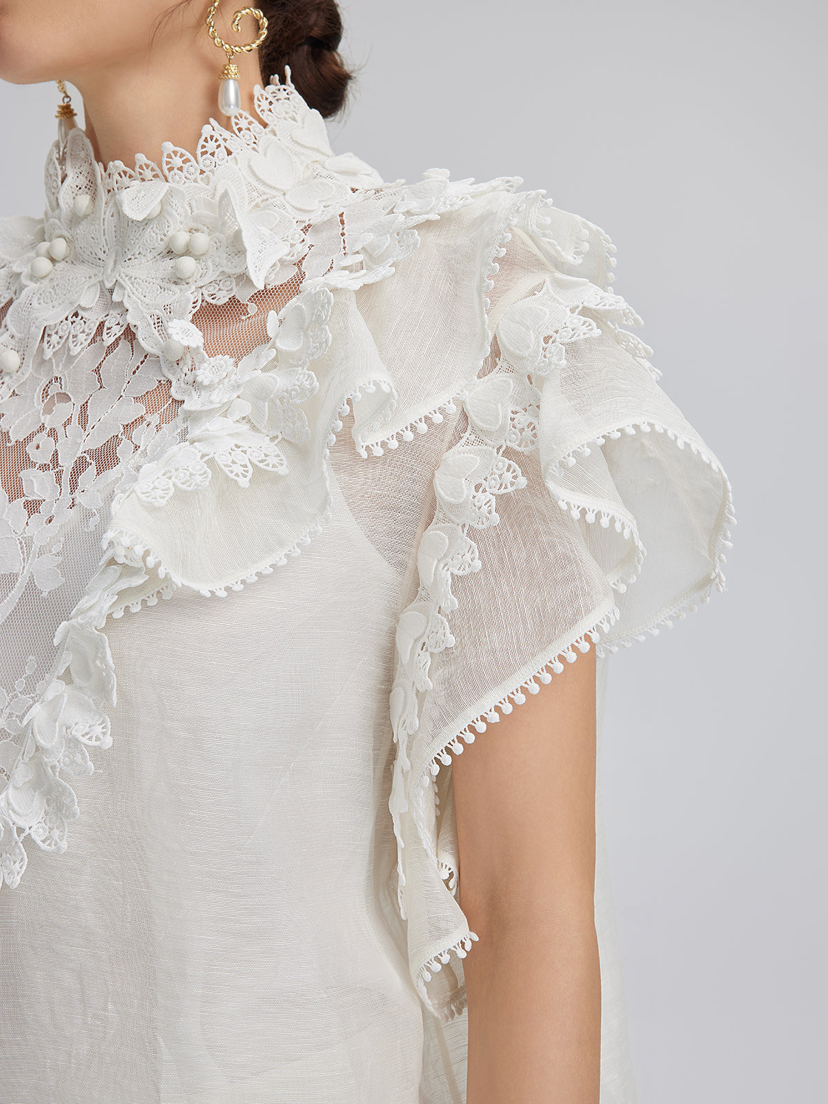 Ruffled Lace Trim Silk-Linen Blouse