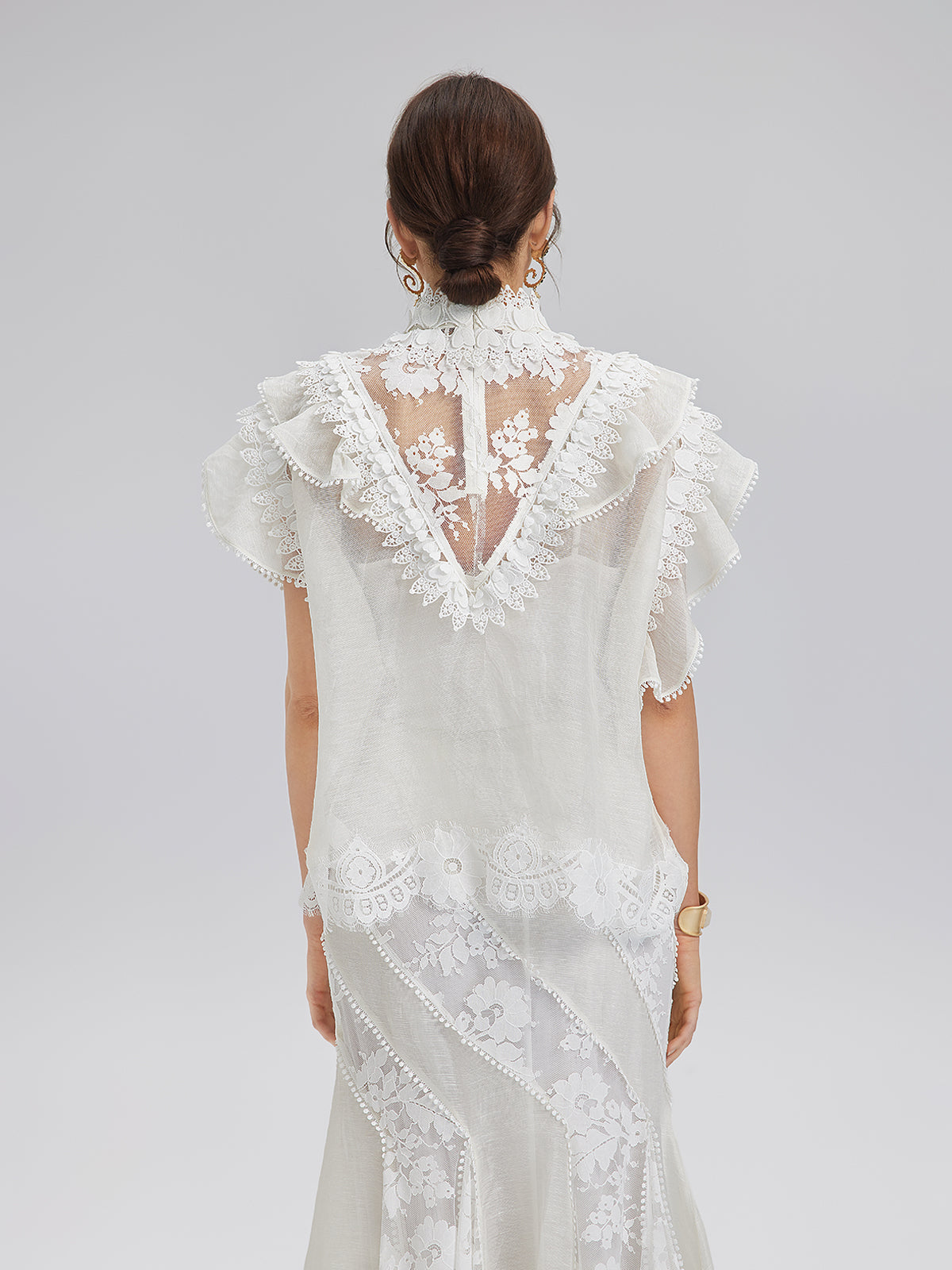 Ruffled Lace Trim Silk-Linen Blouse