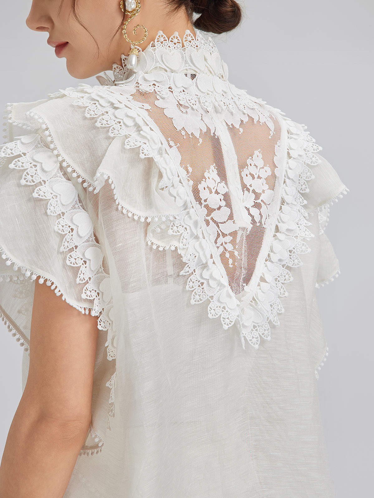 Ruffled Lace Trim Silk-Linen Blouse