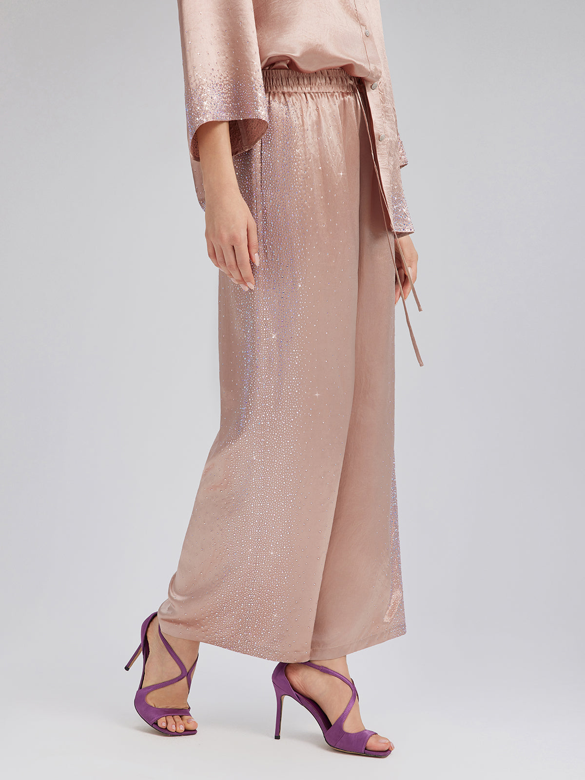 Crystal-Embellished Stretch Waistband Wide-Leg Pants