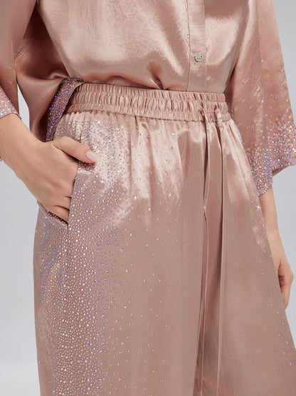 Crystal-Embellished Stretch Waistband Wide-Leg Pants