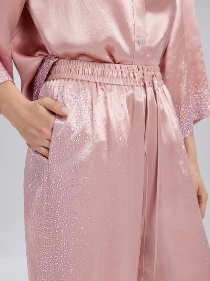 Crystal-Embellished Stretch Waistband Wide-Leg Pants