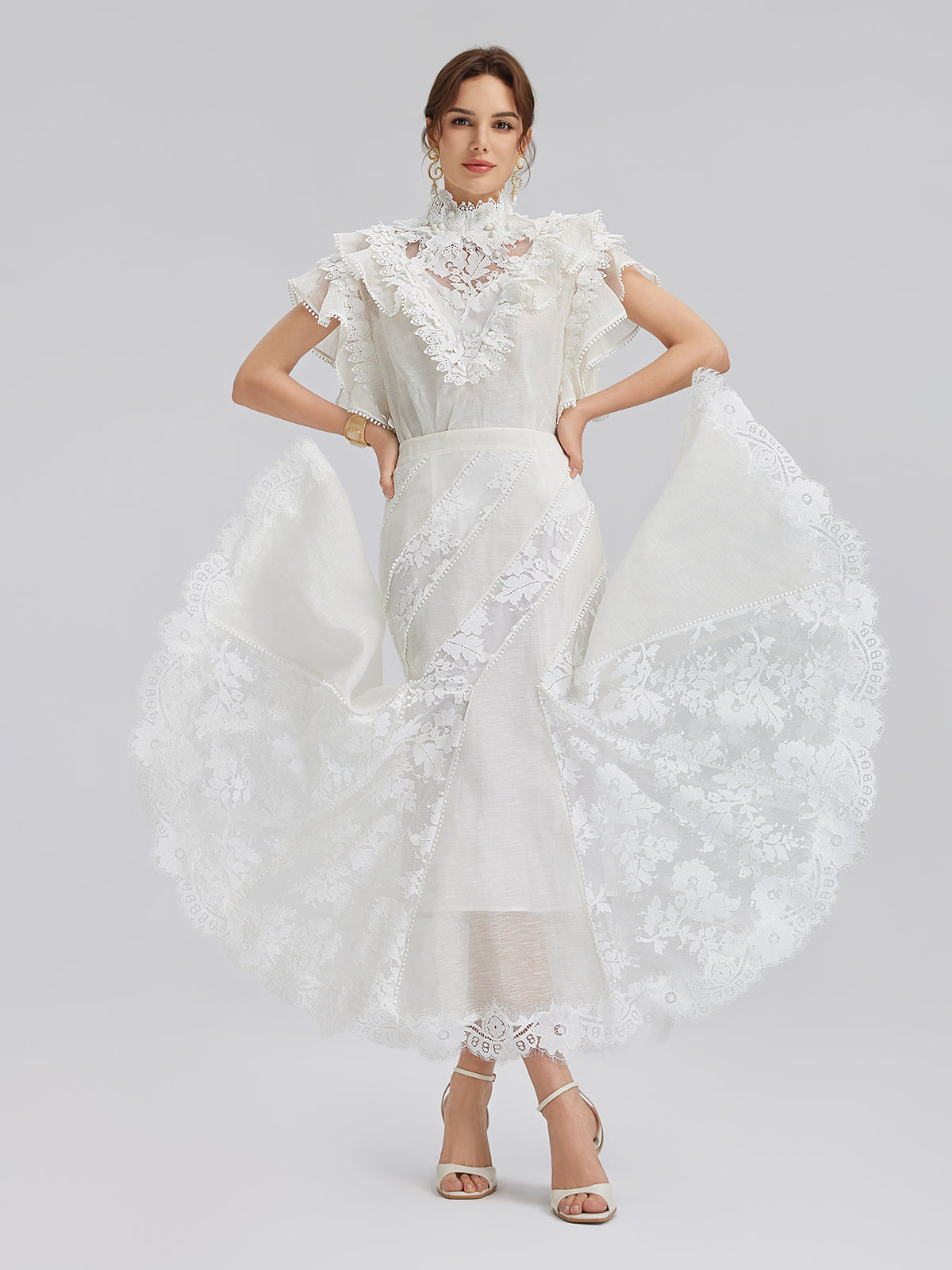 Ruffled Lace Trim Silk-Linen Blouse