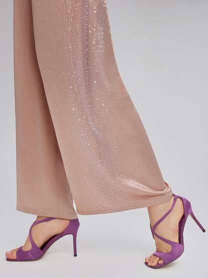 Crystal-Embellished Stretch Waistband Wide-Leg Pants