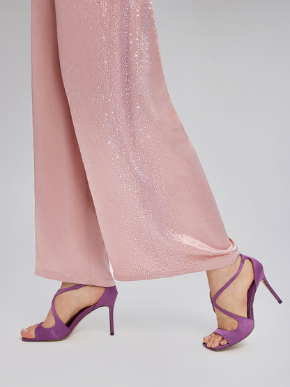 Crystal-Embellished Stretch Waistband Wide-Leg Pants