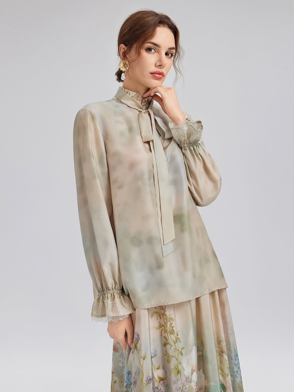 Impressionist Floral Silk Tie-Neck Blouse