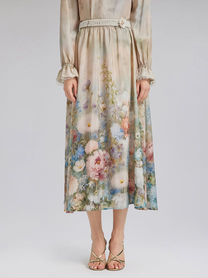 Impressionist Floral Silk Skirt