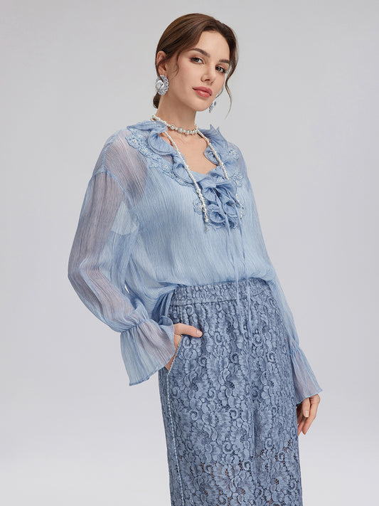 Garment Dyeing Hand-Beaded Ruffle Silk Blouse