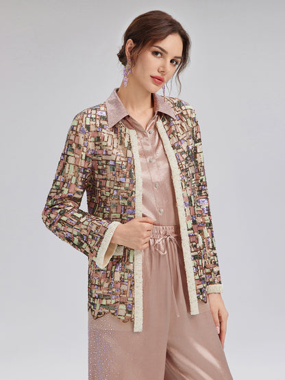 Colorful Mosaic Sequin Embroidered Jacket (Matching Vest & Detachable Bow Included)