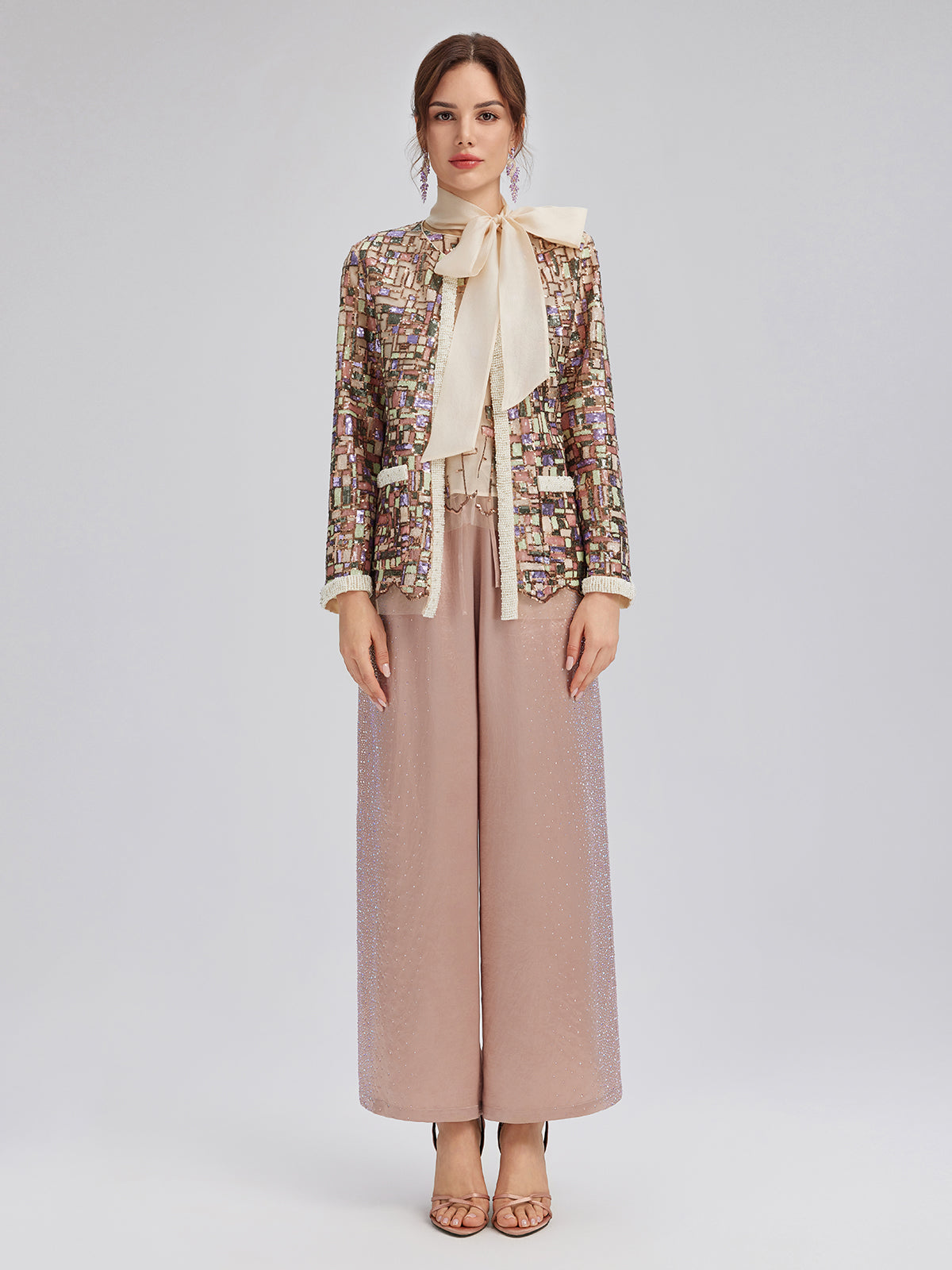 Colorful Mosaic Sequin Embroidered Jacket (Matching Vest & Detachable Bow Included)