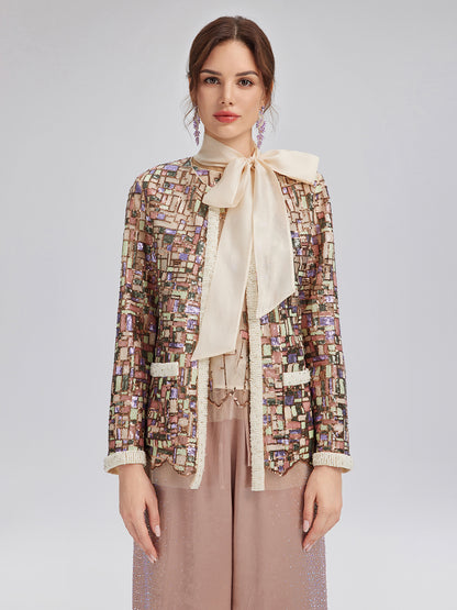 Colorful Mosaic Sequin Embroidered Jacket (Matching Vest & Detachable Bow Included)