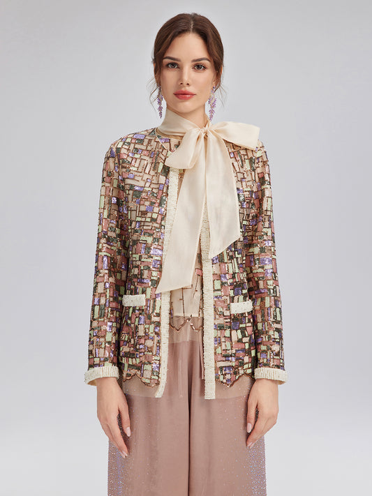 Colorful Mosaic Sequin Embroidered Jacket (Matching Vest & Detachable Bow Included)