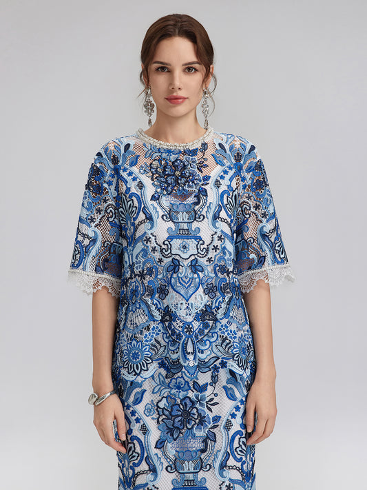 Guipure Lace Hand-Applied Crystals Pullover