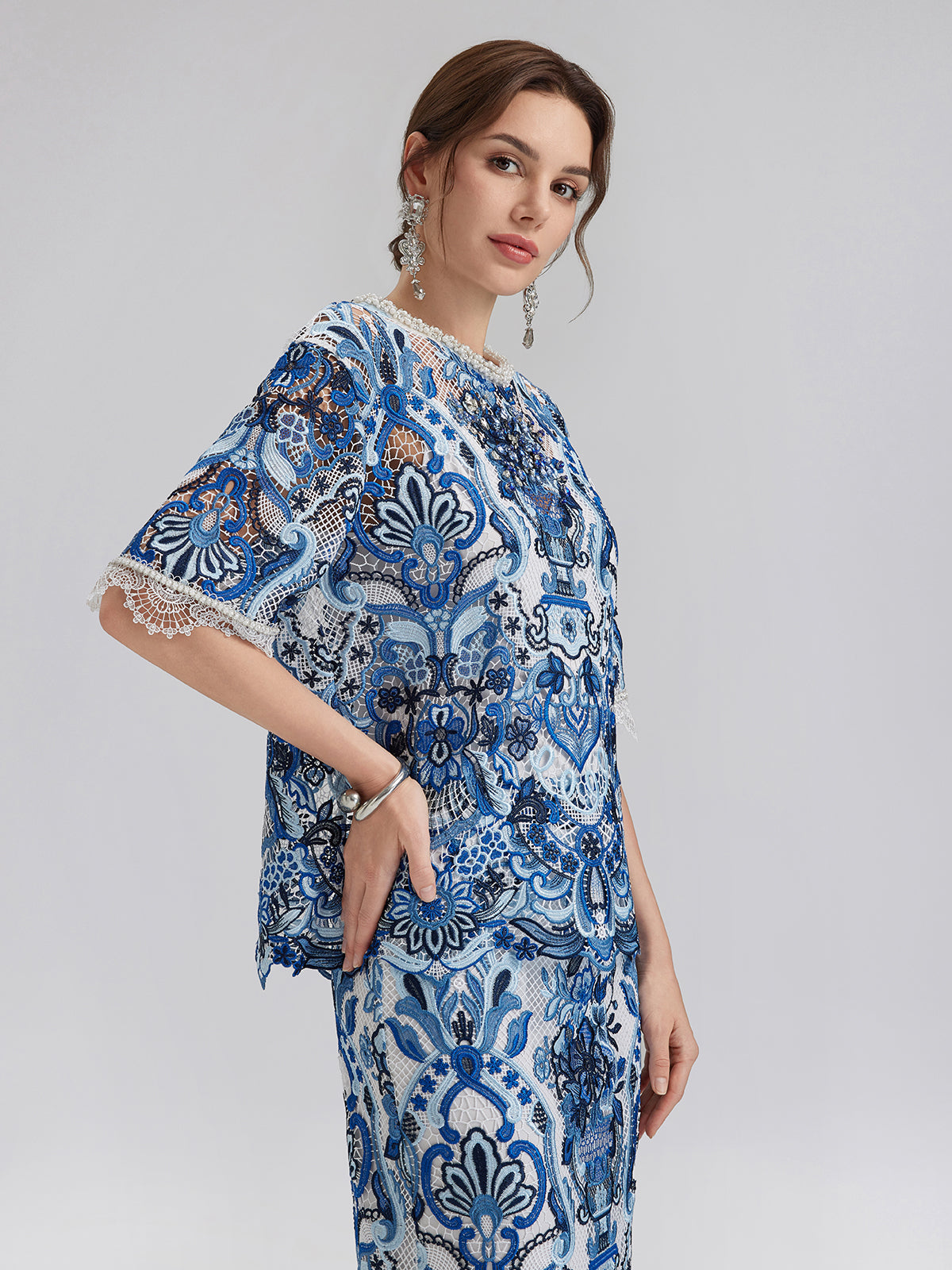 Guipure Lace Hand-Applied Crystals Pullover