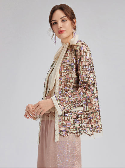 Colorful Mosaic Sequin Embroidered Jacket (Matching Vest & Detachable Bow Included)