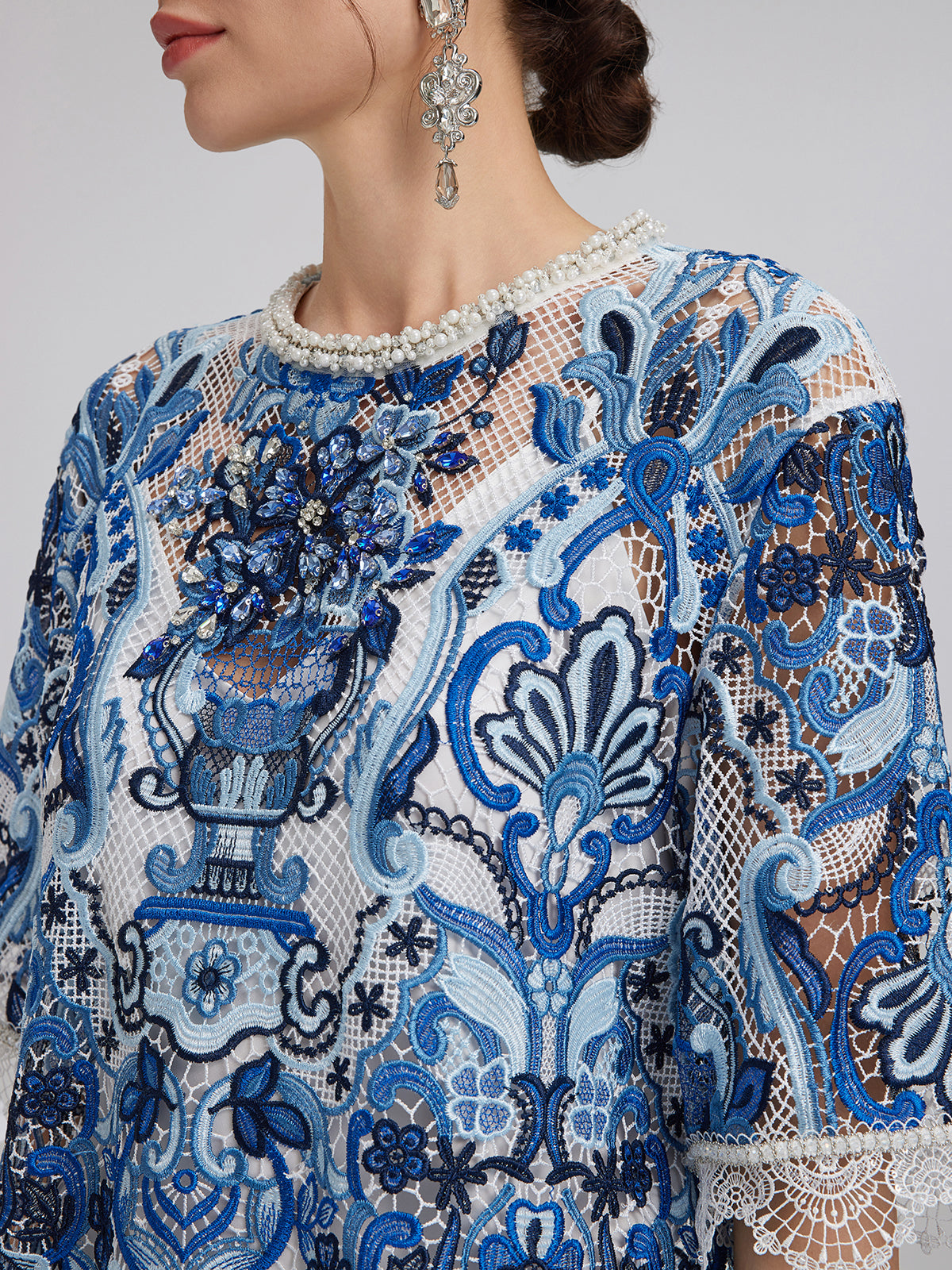 Guipure Lace Hand-Applied Crystals Pullover