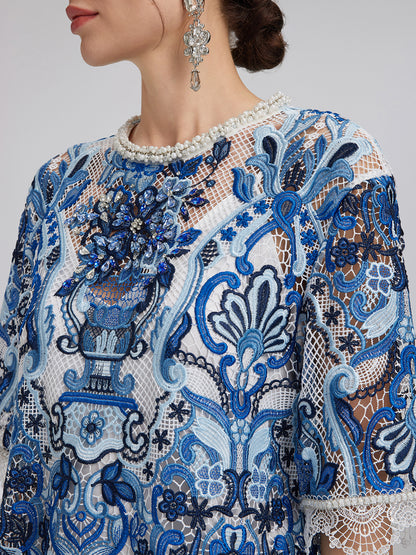 Guipure Lace Hand-Applied Crystals Pullover