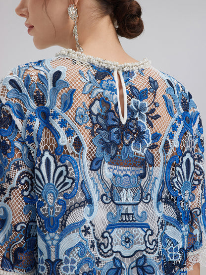 Guipure Lace Hand-Applied Crystals Pullover