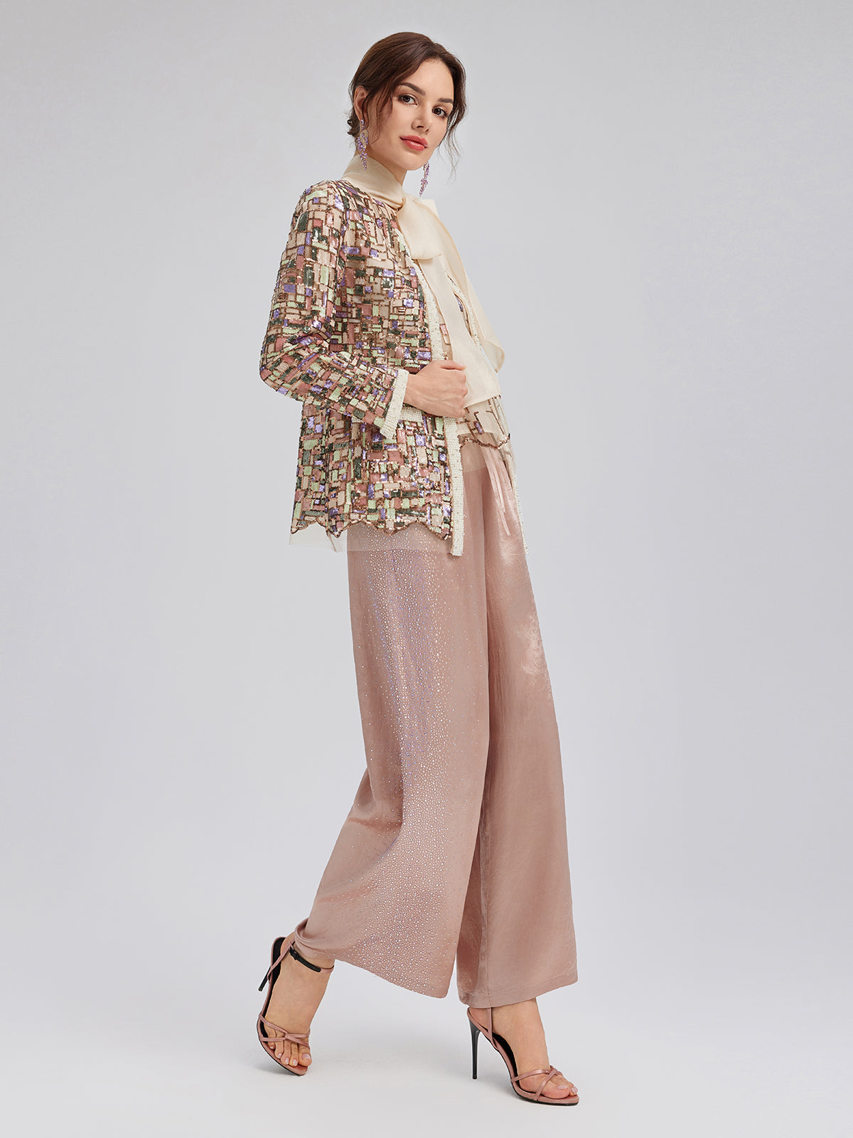 Colorful Mosaic Sequin Embroidered Jacket (Matching Vest & Detachable Bow Included)