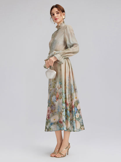 Impressionist Floral Silk Tie-Neck Blouse