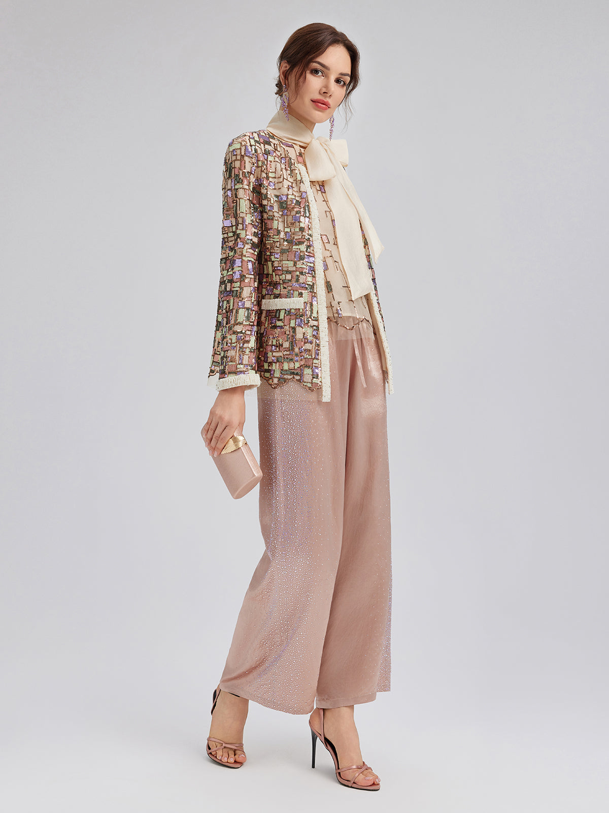 Colorful Mosaic Sequin Embroidered Jacket (Matching Vest & Detachable Bow Included)