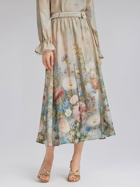 Impressionist Floral Silk Skirt