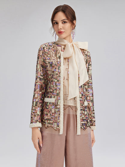 Colorful Mosaic Sequin Embroidered Jacket (Matching Vest & Detachable Bow Included)
