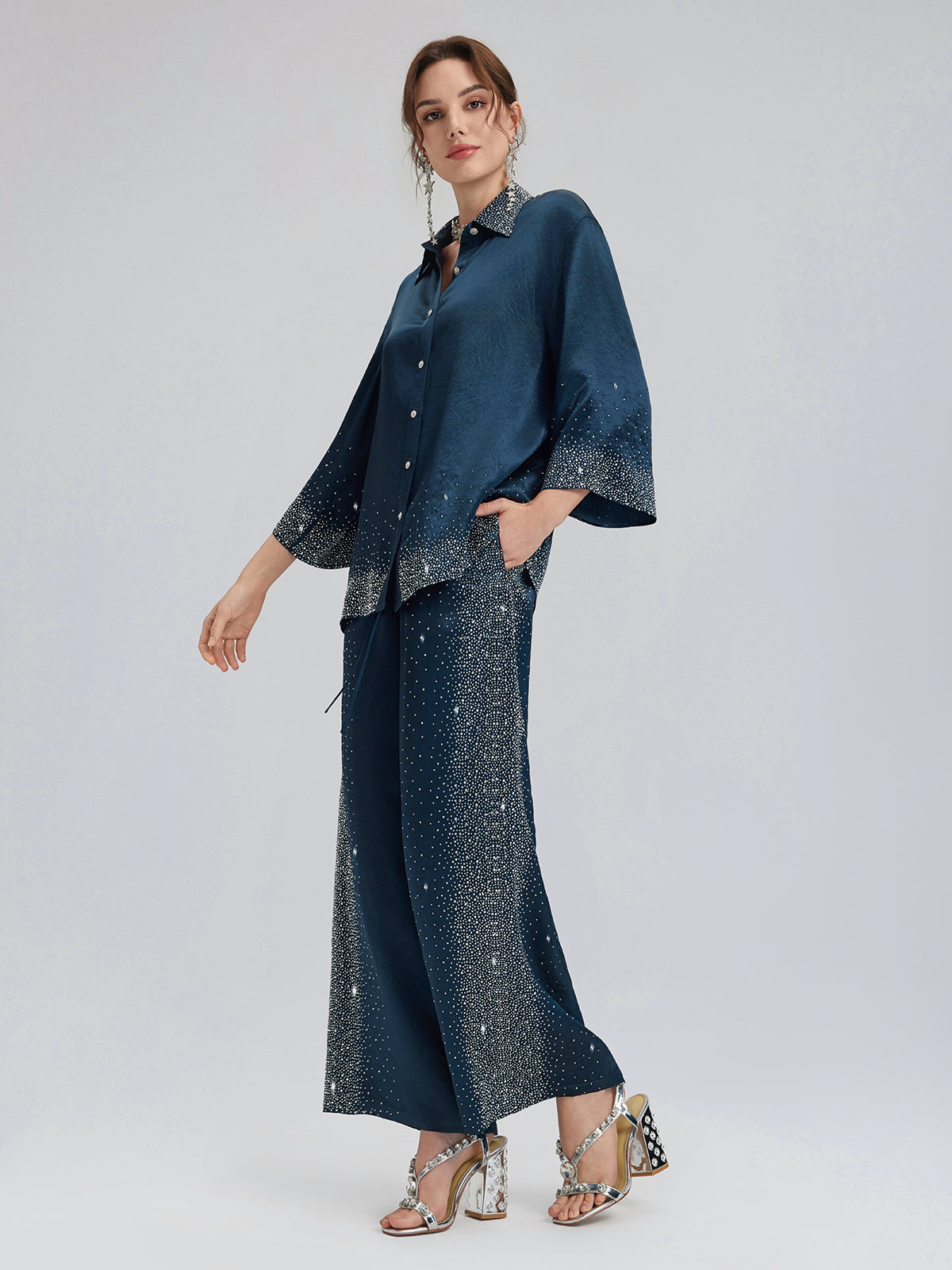 Crystal-Embellished Three-Quarter Sleeve Shirt