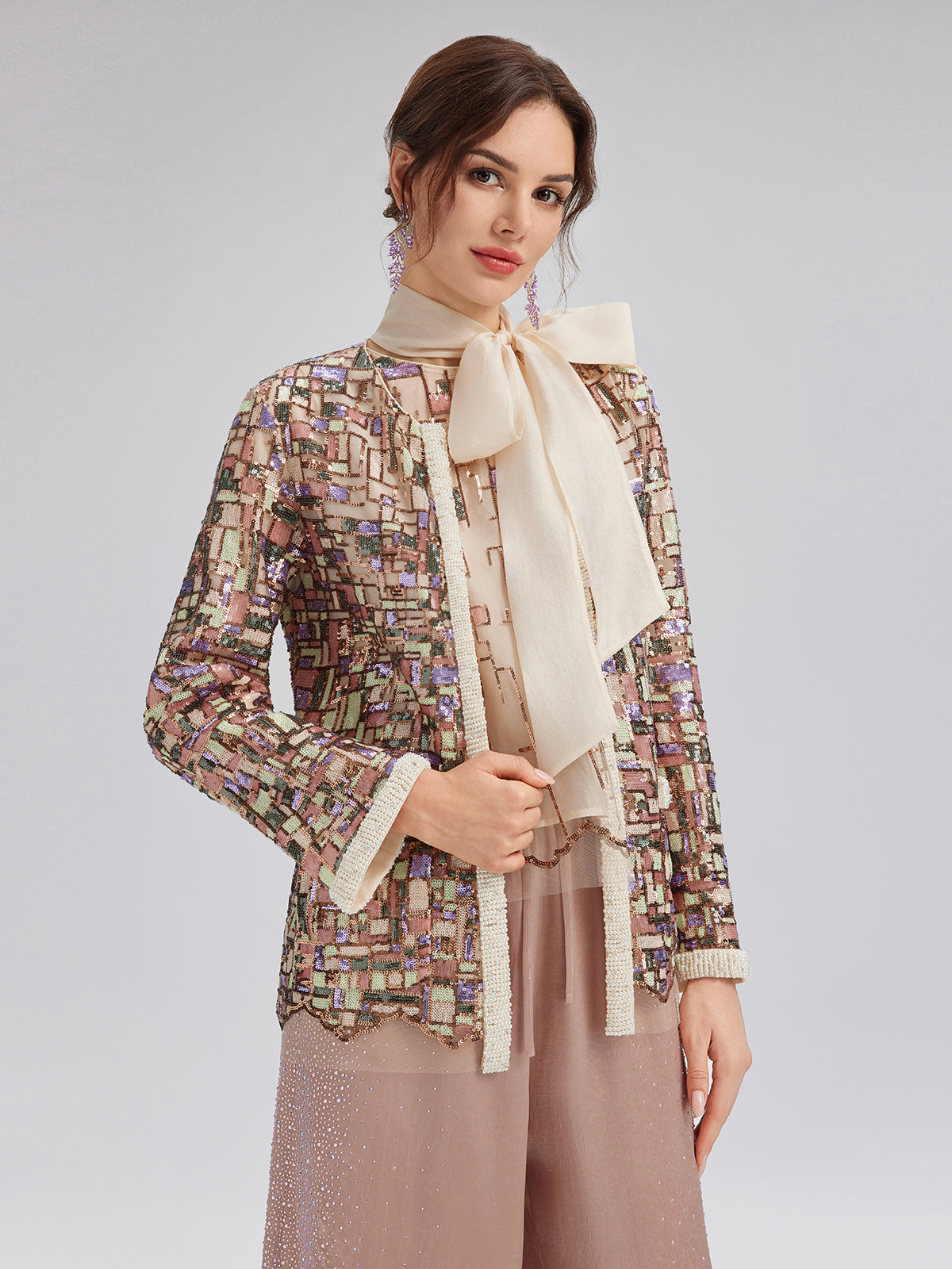Colorful Mosaic Sequin Embroidered Jacket (Matching Vest & Detachable Bow Included)