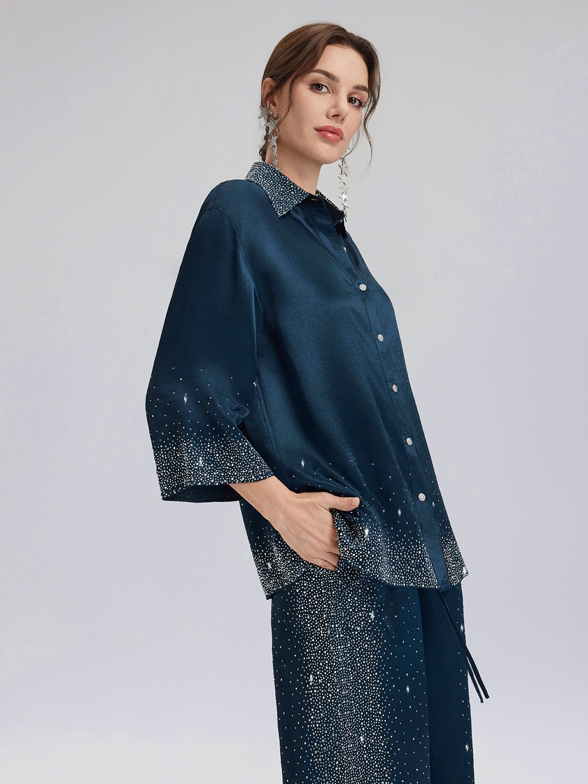 Crystal-Embellished Three-Quarter Sleeve Shirt