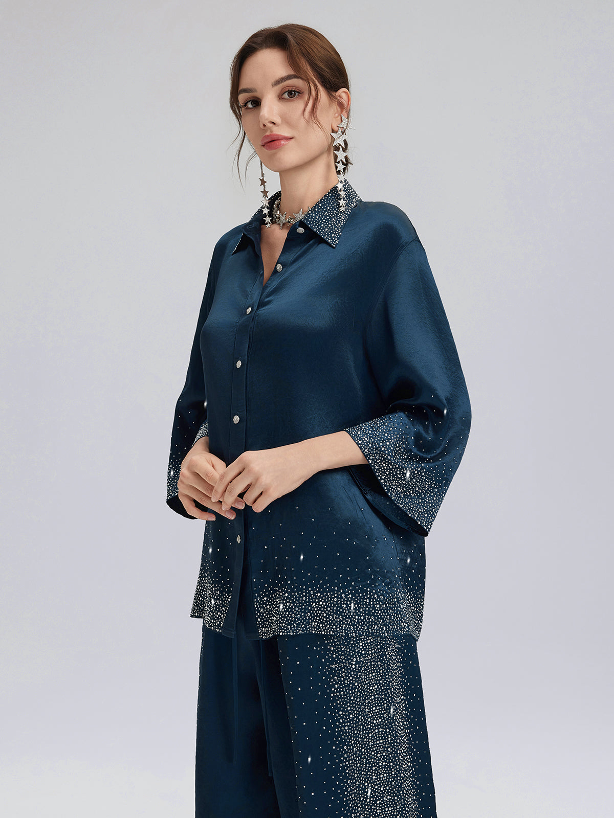 Crystal-Embellished Three-Quarter Sleeve Shirt