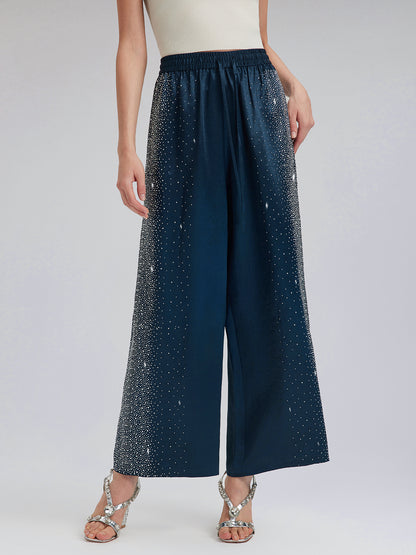 Crystal-Embellished Stretch Waistband Wide-Leg Pants
