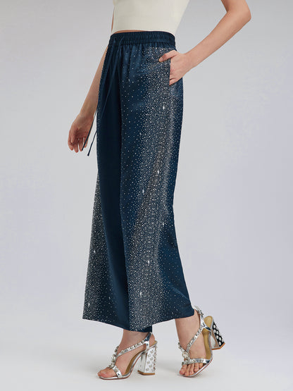 Crystal-Embellished Stretch Waistband Wide-Leg Pants