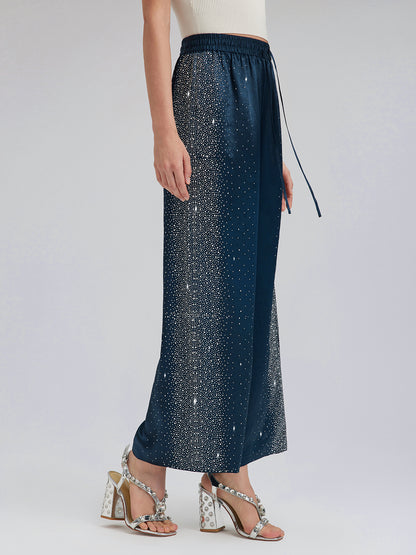 Crystal-Embellished Stretch Waistband Wide-Leg Pants