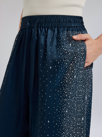 Crystal-Embellished Stretch Waistband Wide-Leg Pants