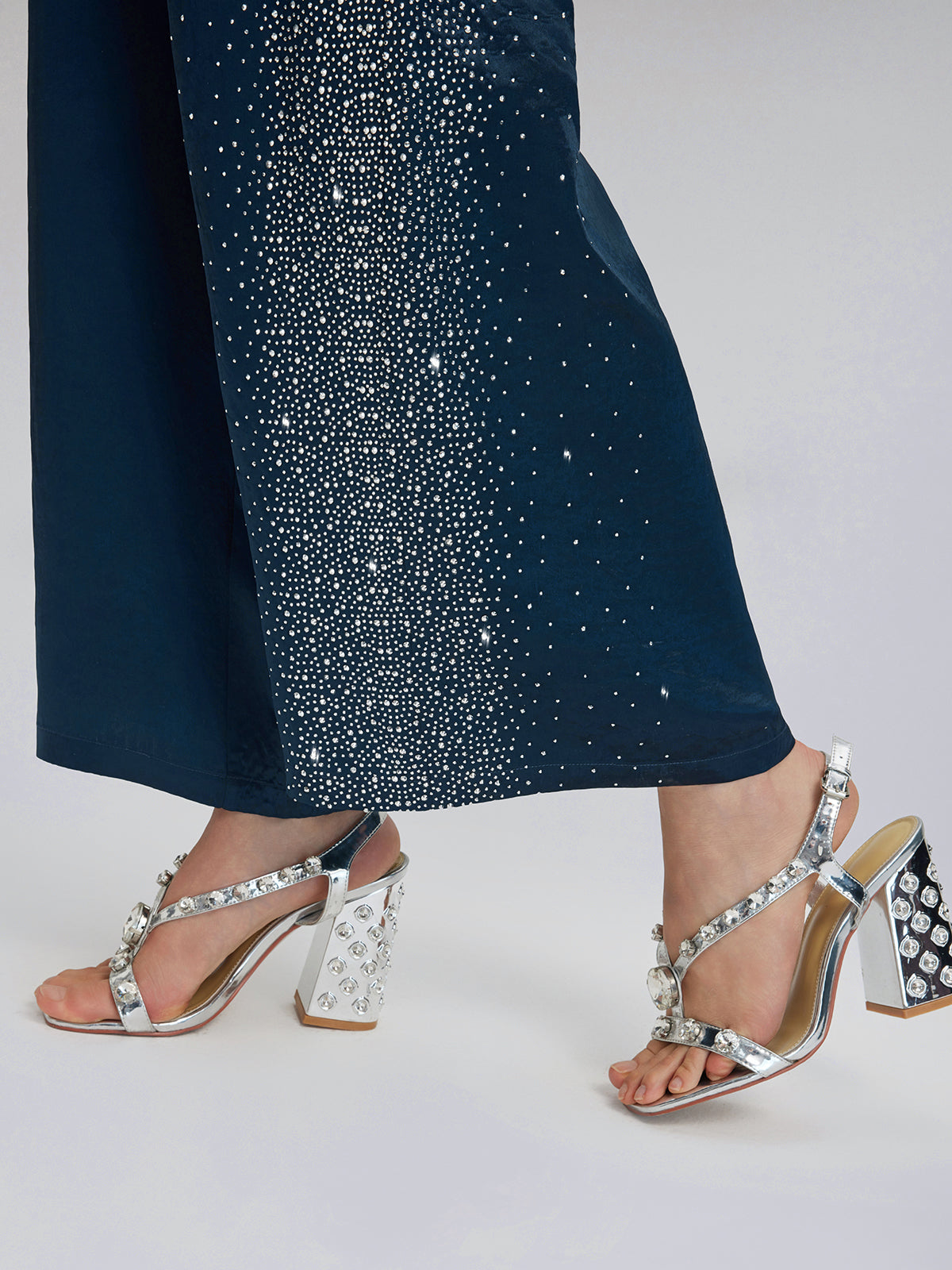 Crystal-Embellished Stretch Waistband Wide-Leg Pants