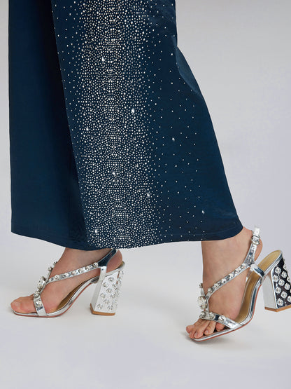 Crystal-Embellished Stretch Waistband Wide-Leg Pants