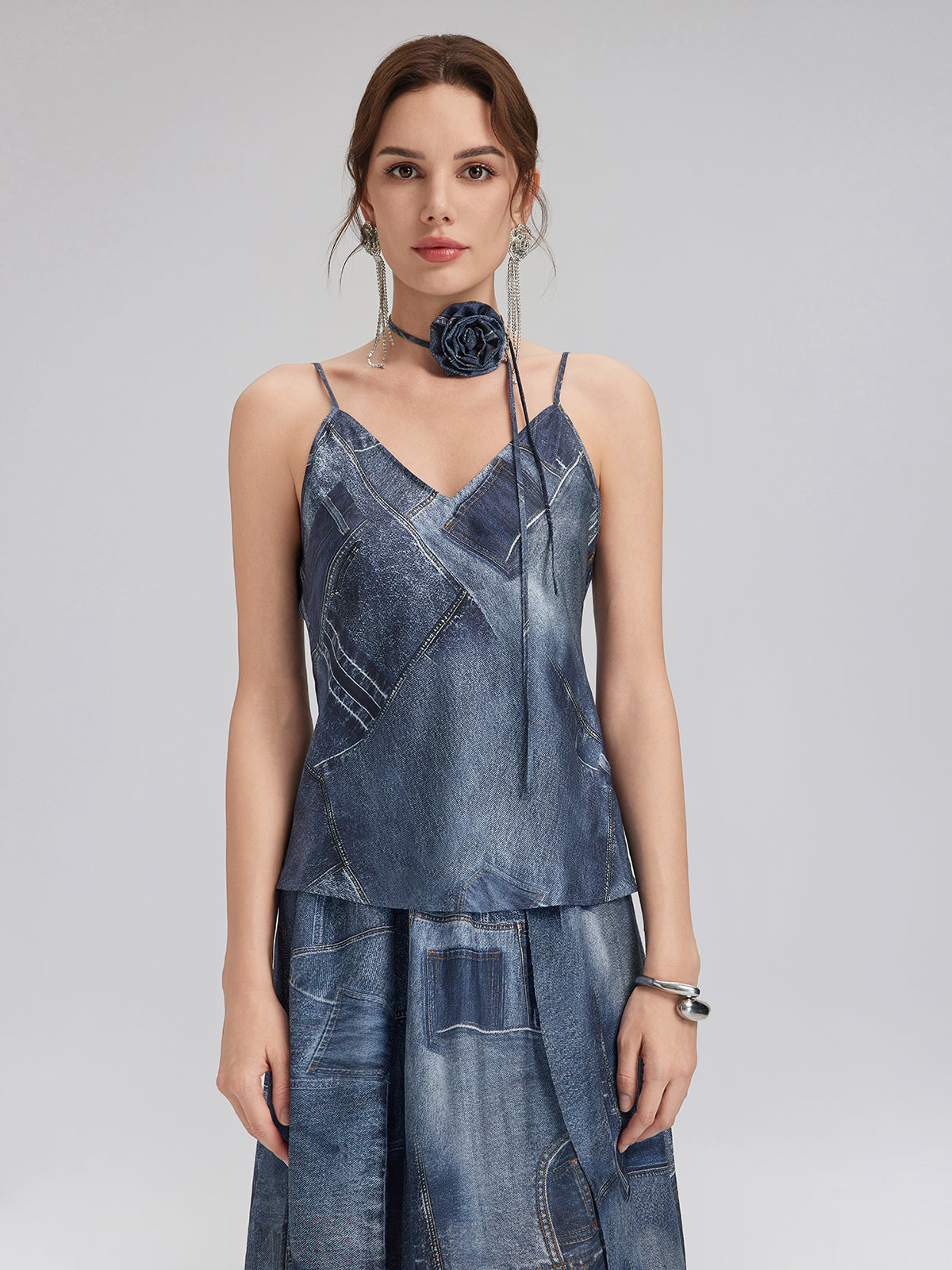 Denim-Print Silk Satin Cami