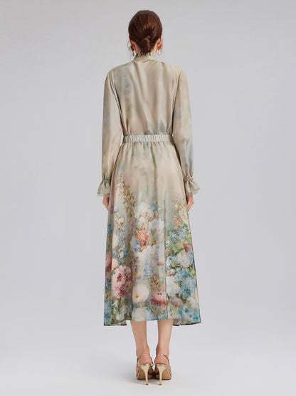 Impressionist Floral Silk Tie-Neck Blouse