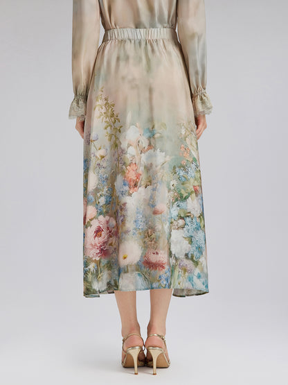 Impressionist Floral Silk Skirt