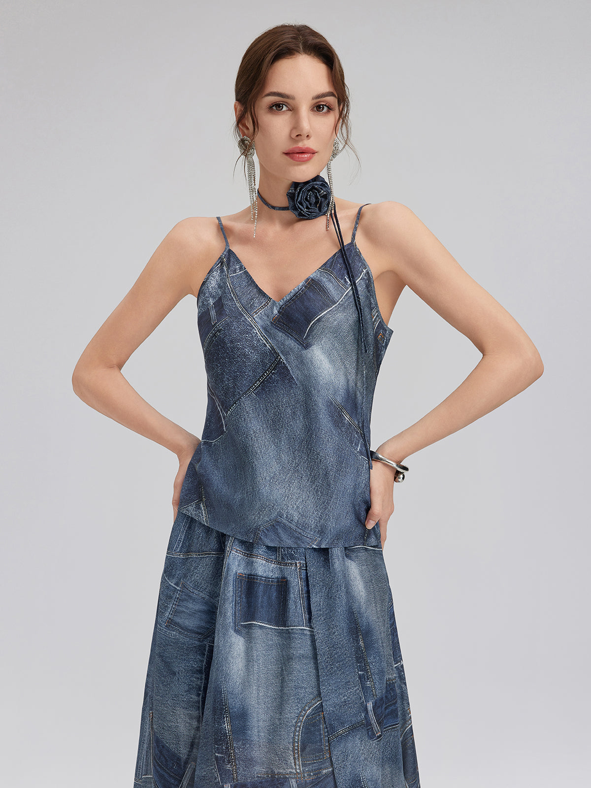 Denim-Print Silk Satin Cami