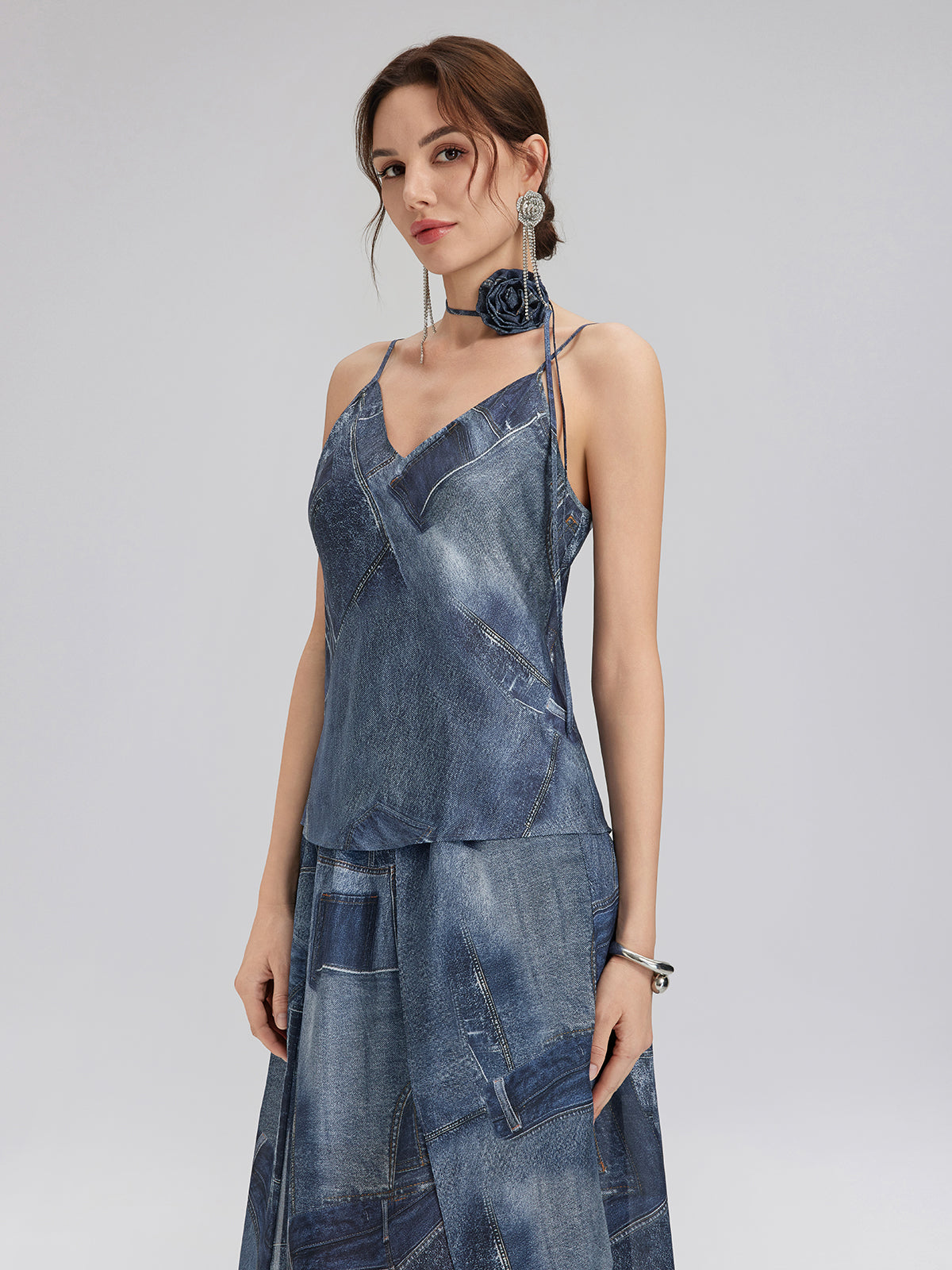 Denim-Print Silk Satin Cami