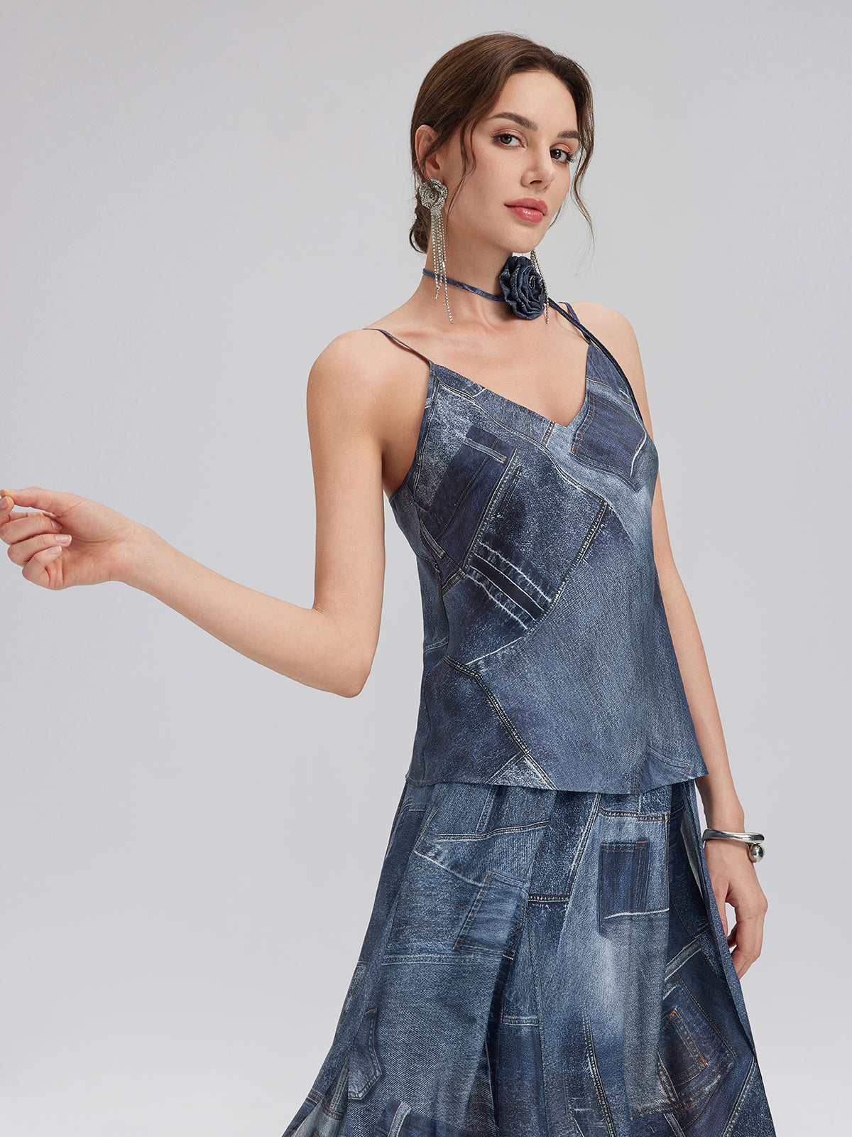 Denim-Print Silk Satin Cami