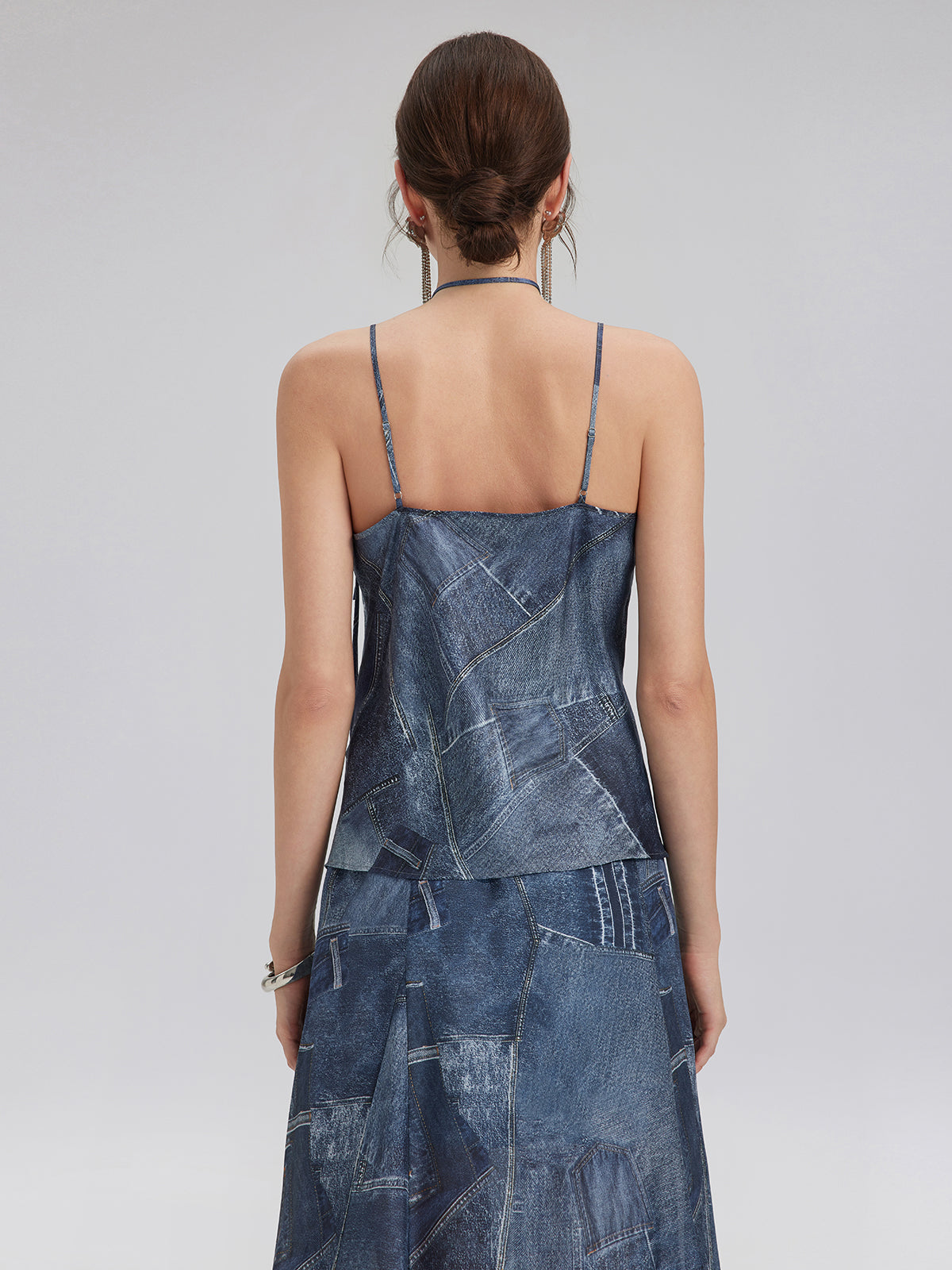 Denim-Print Silk Satin Cami