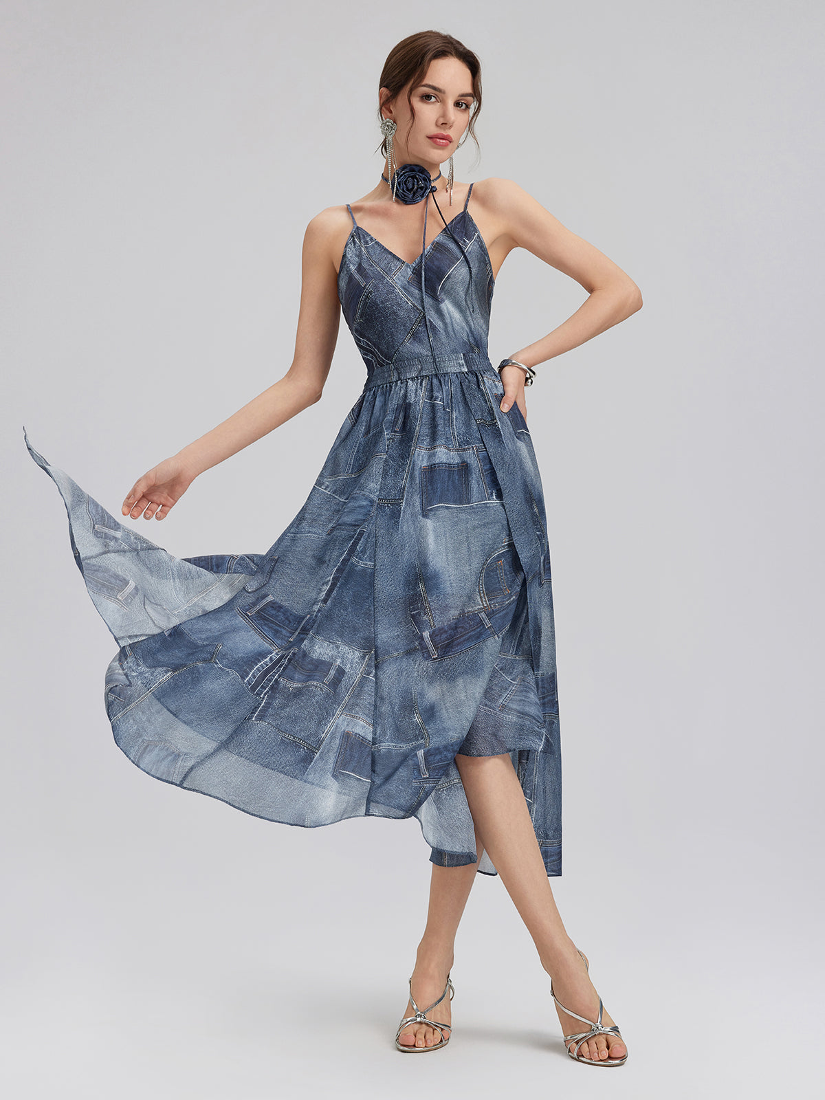 Denim-Print Silk Satin Cami