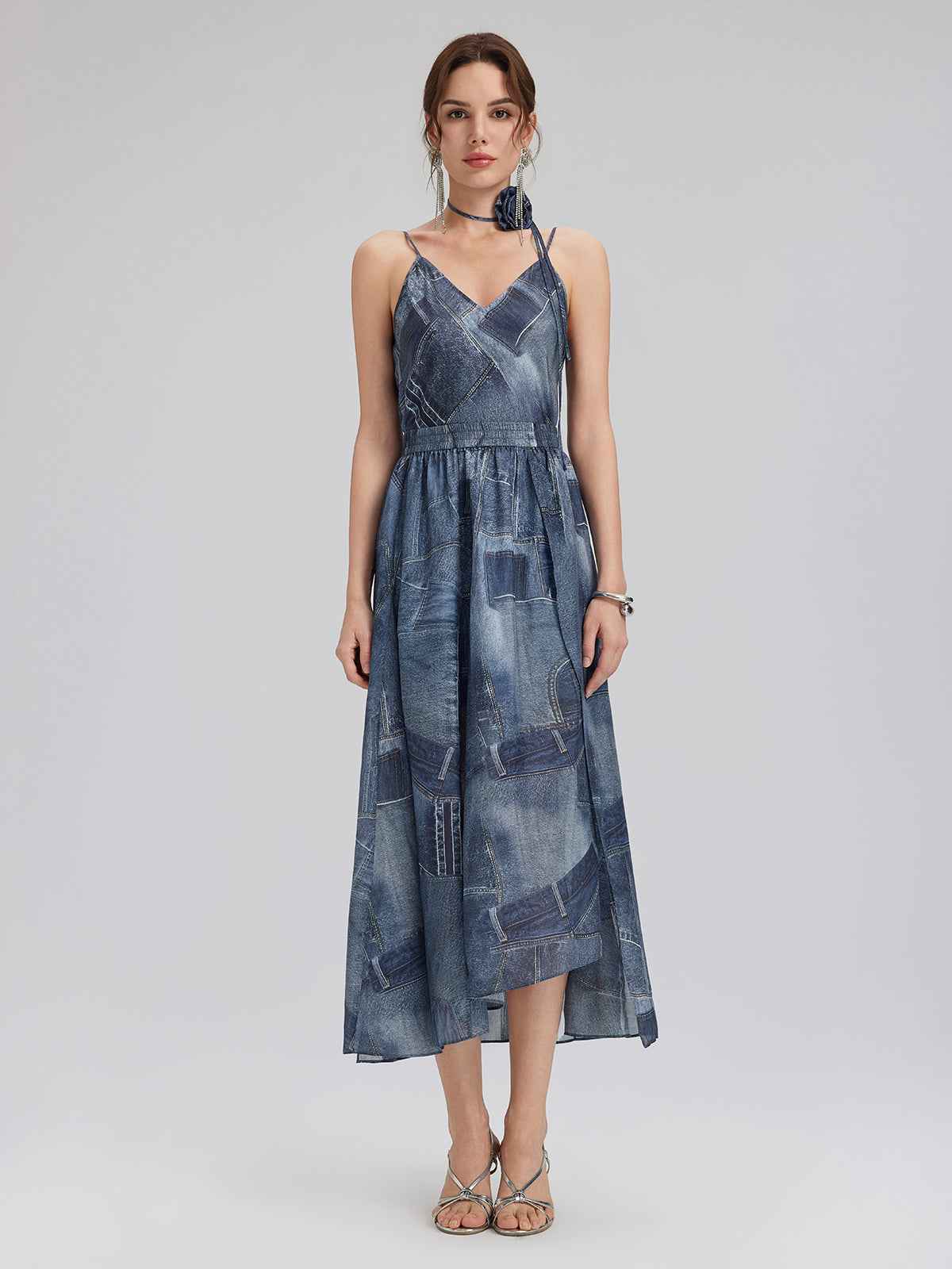 Denim-Print Silk Satin Cami