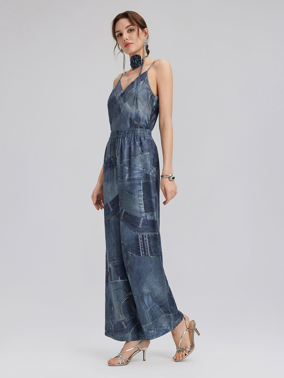 Denim-Print Silk Satin Cami