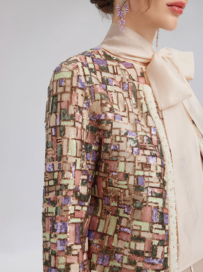 Colorful Mosaic Sequin Embroidered Jacket (Matching Vest & Detachable Bow Included)