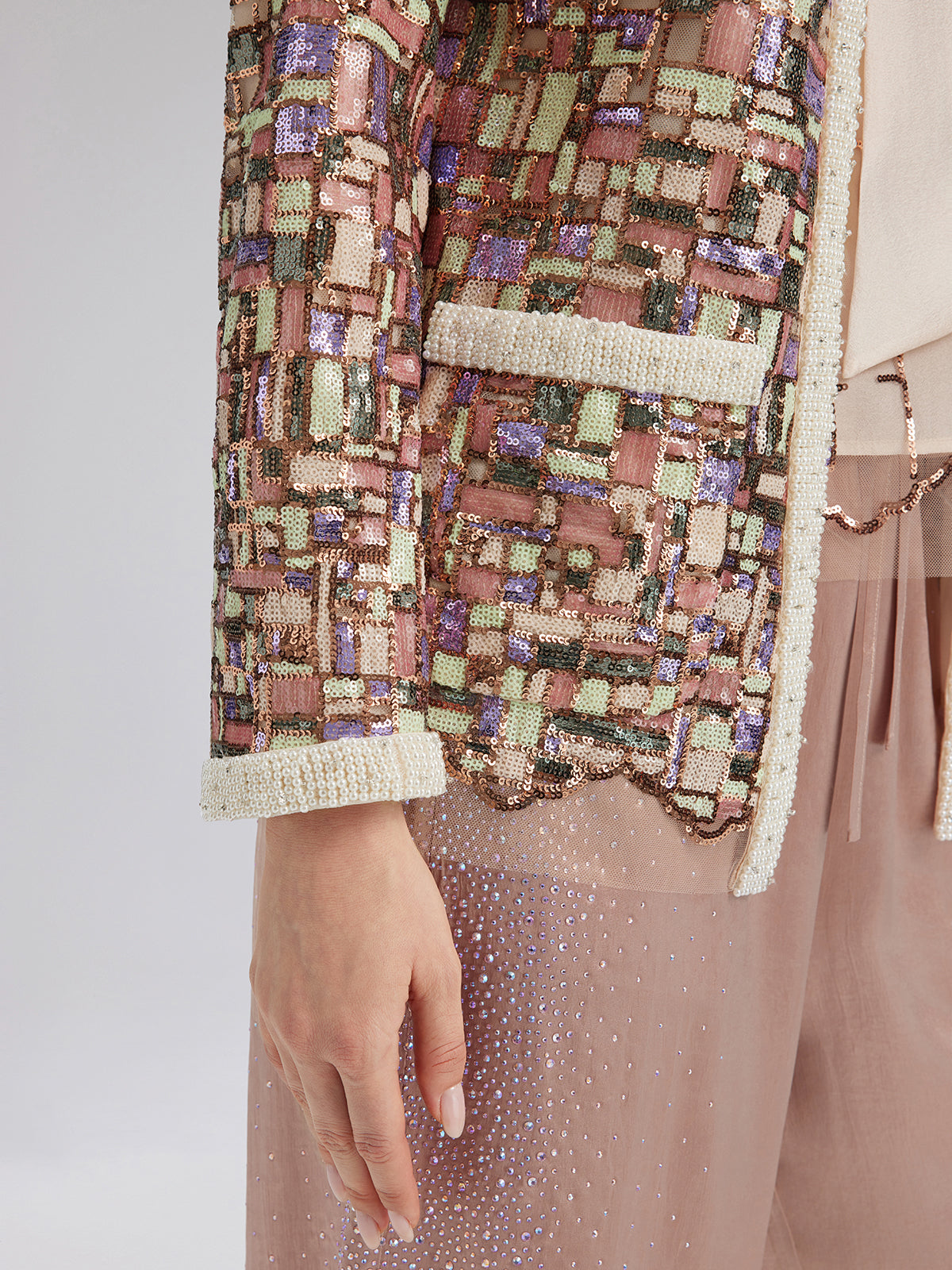 Colorful Mosaic Sequin Embroidered Jacket (Matching Vest & Detachable Bow Included)