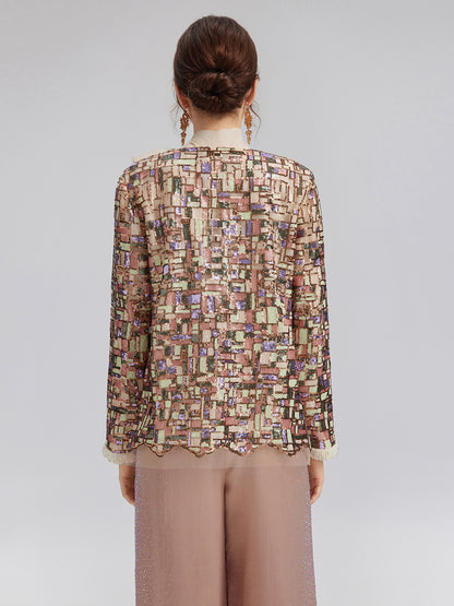 Colorful Mosaic Sequin Embroidered Jacket (Matching Vest & Detachable Bow Included)